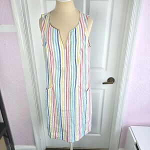 Boden Nathalie Rainbow Stripes Linen Dress Size 6R Pockets Pull On Shift‎